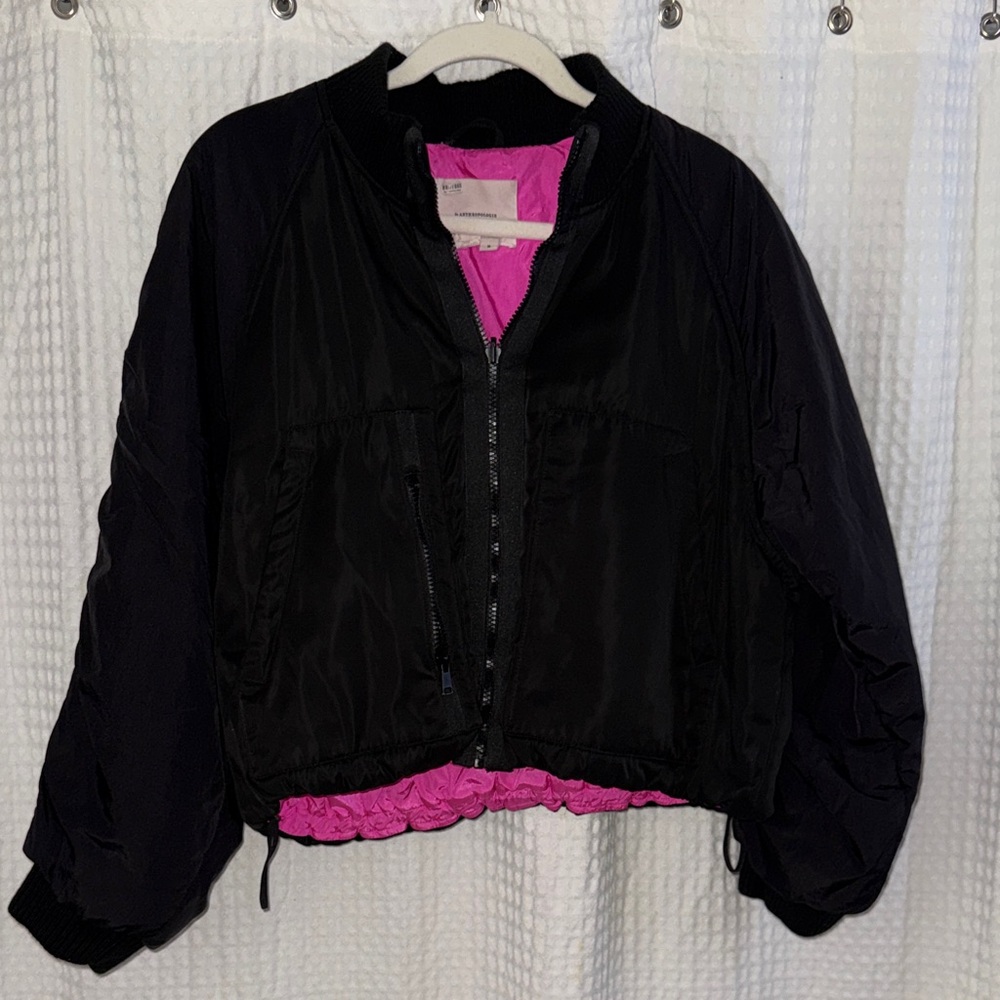 Anthropologie Black Bomber Jacket with Pink Lining